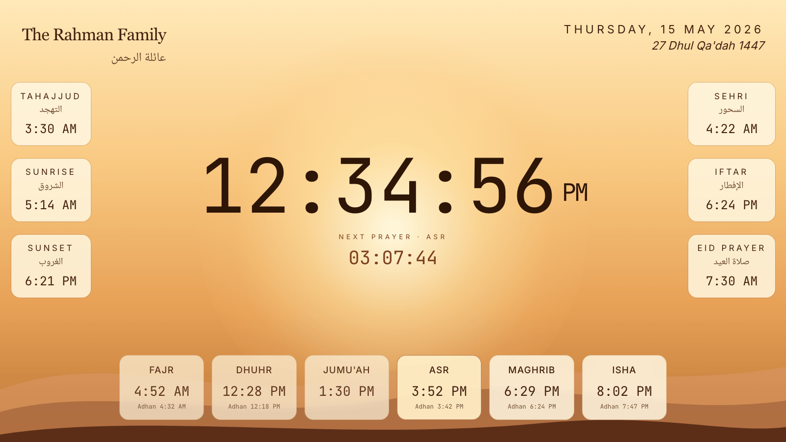 Desert Dawn SalahClock theme on a family living-room TV