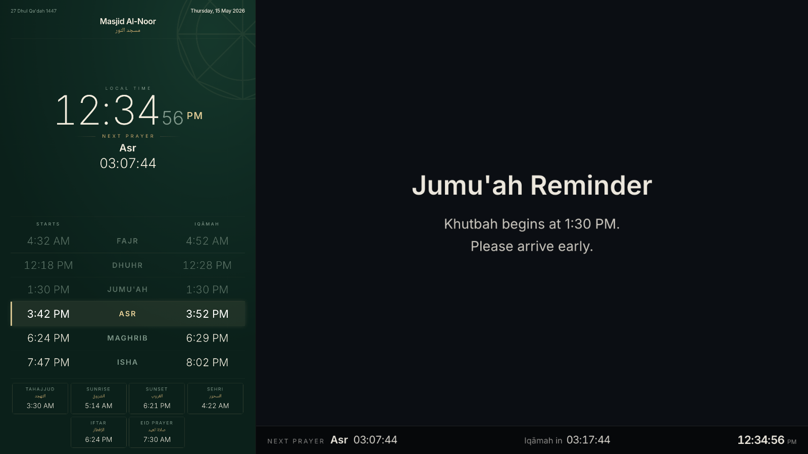 Combined split screen: a prayer clock column beside a rotating content pane
