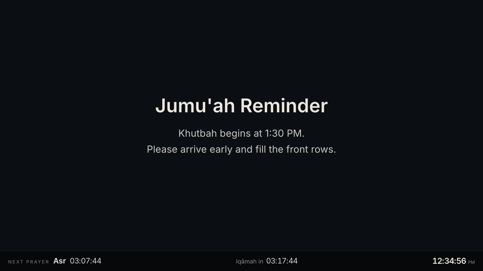 Content screen showing a Jumu'ah announcement with the next-prayer countdown bar