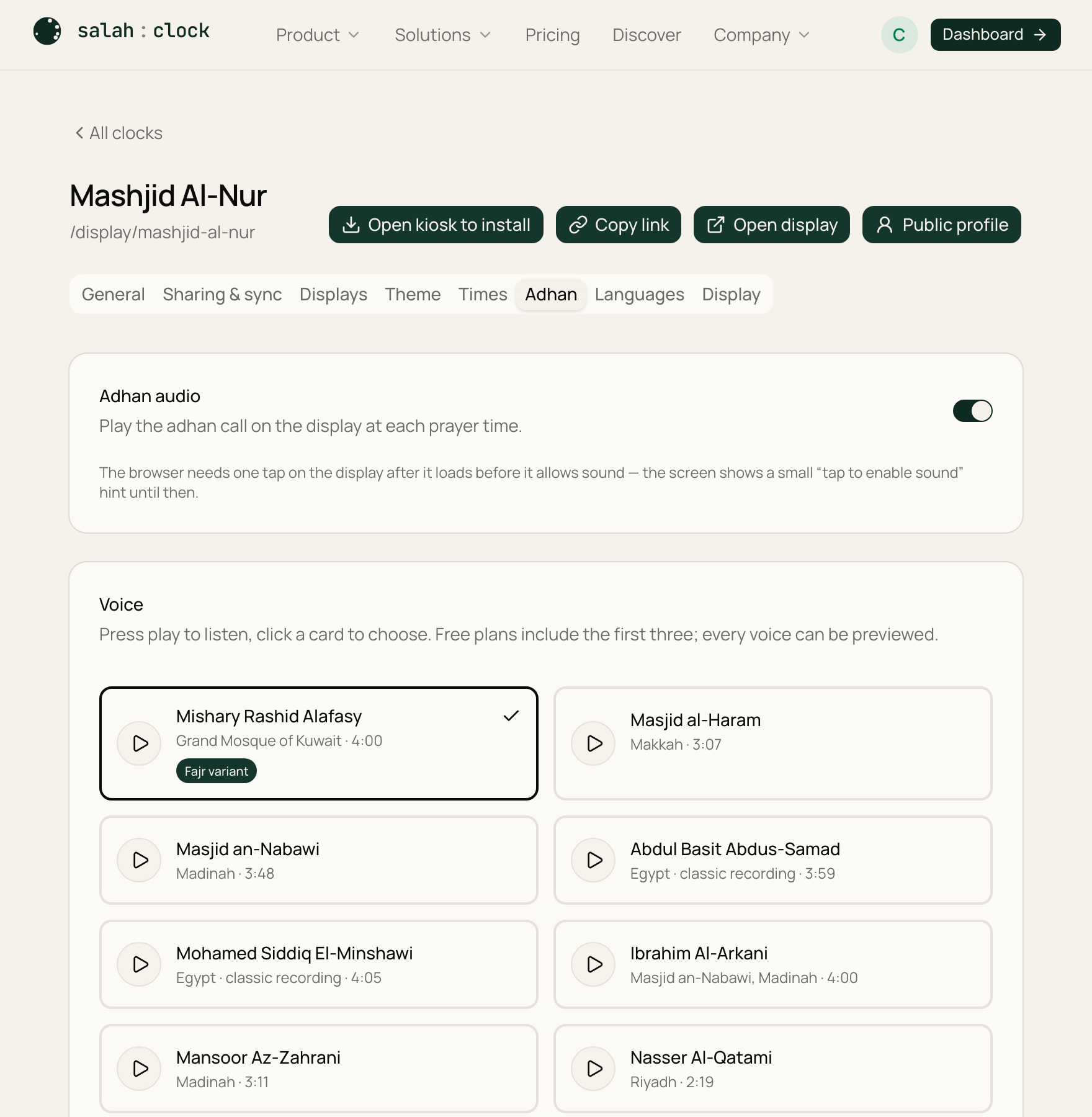 The Adhan tab in clock settings: master switch, the voice gallery with preview buttons, per-prayer switches, Fajr voice, and volume slider