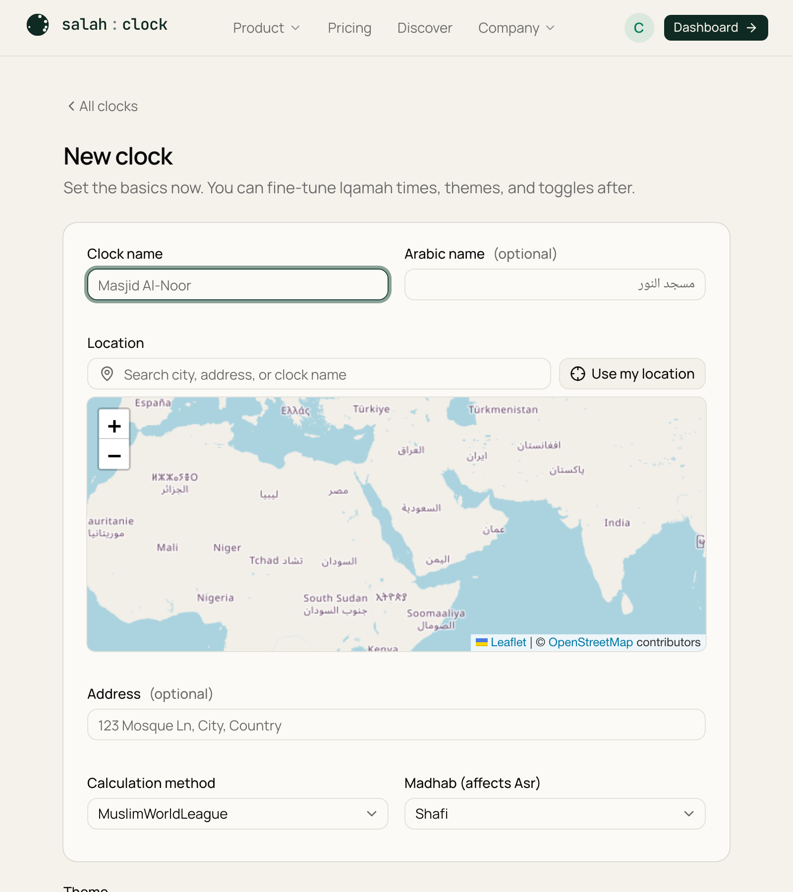 The new-clock form with name, location search, calculation method, and theme picker