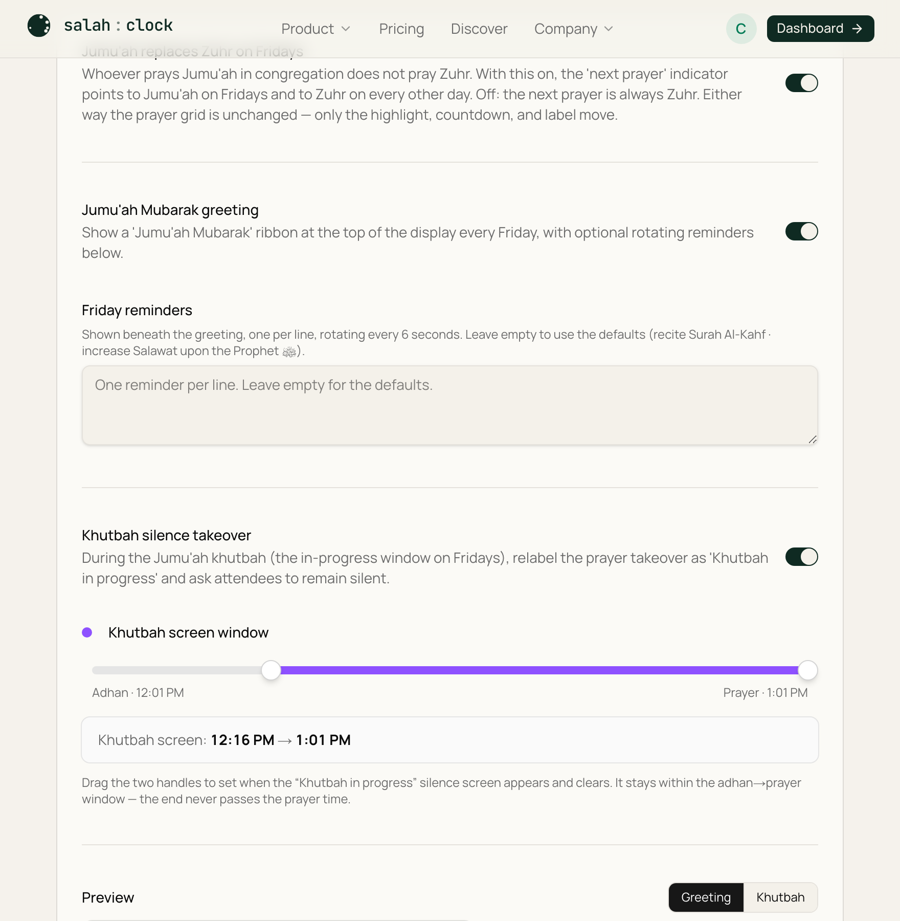 Jumu'ah settings: replace Zuhr, the Jumu'ah Mubarak greeting, Friday reminders, and khutbah takeover