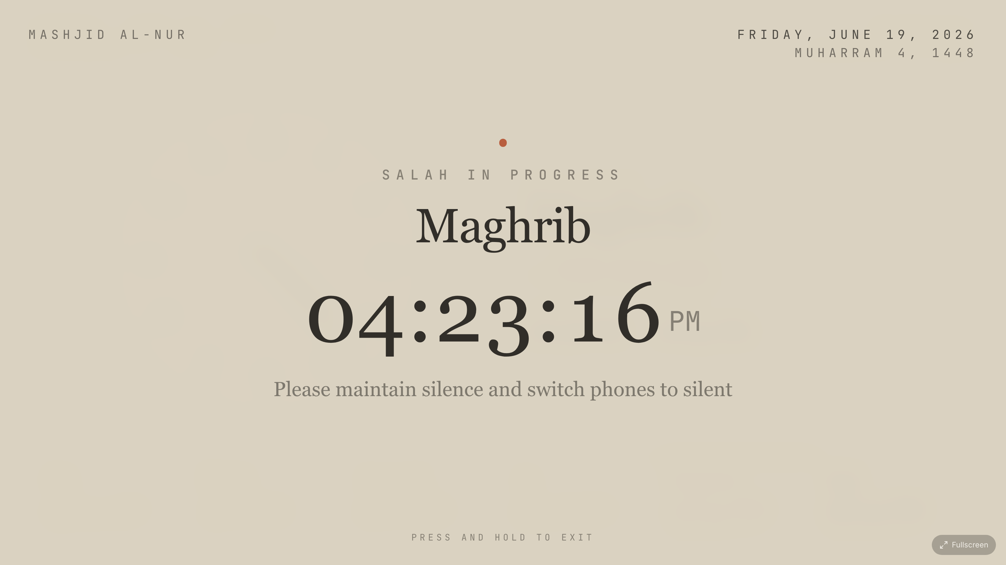 A full-screen prayer-in-progress countdown on a display