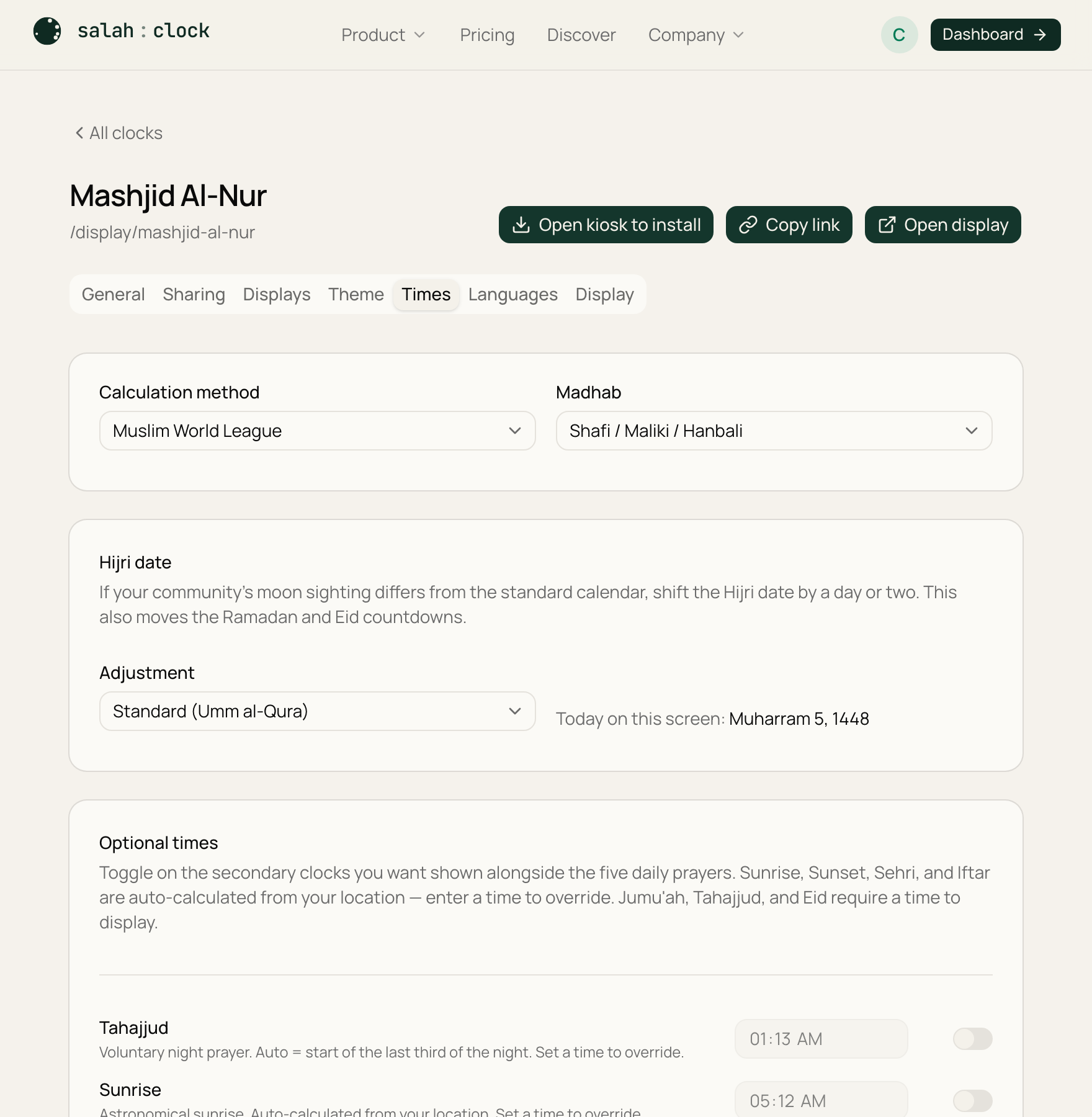 Toggles for Tahajjud, sunrise, sunset, Sehri, Iftar, and Eid with calculated times