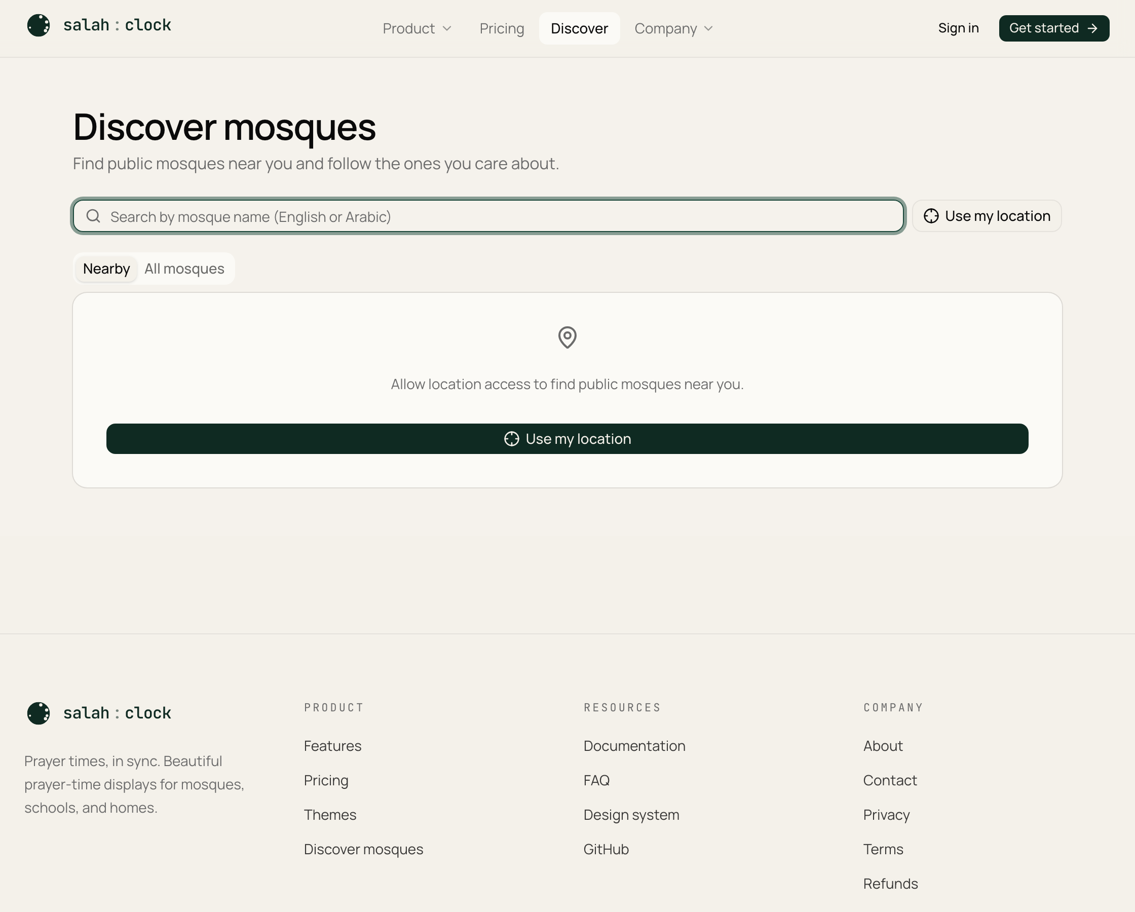The Discover page with a search box and a list of nearby mosques