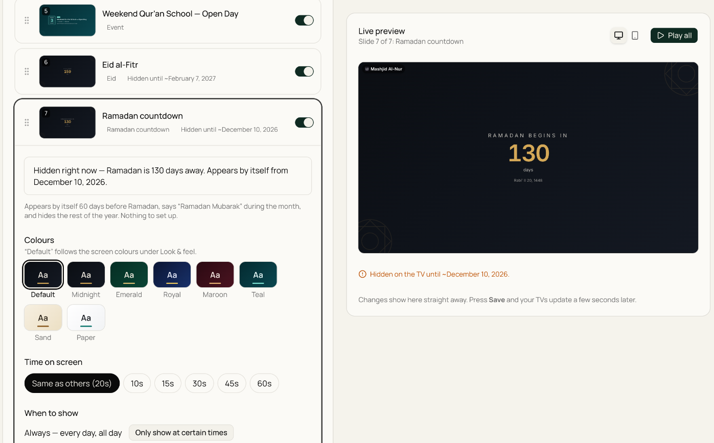 The Slides editor with an Eid slide and an open Ramadan countdown, and a live preview showing the countdown