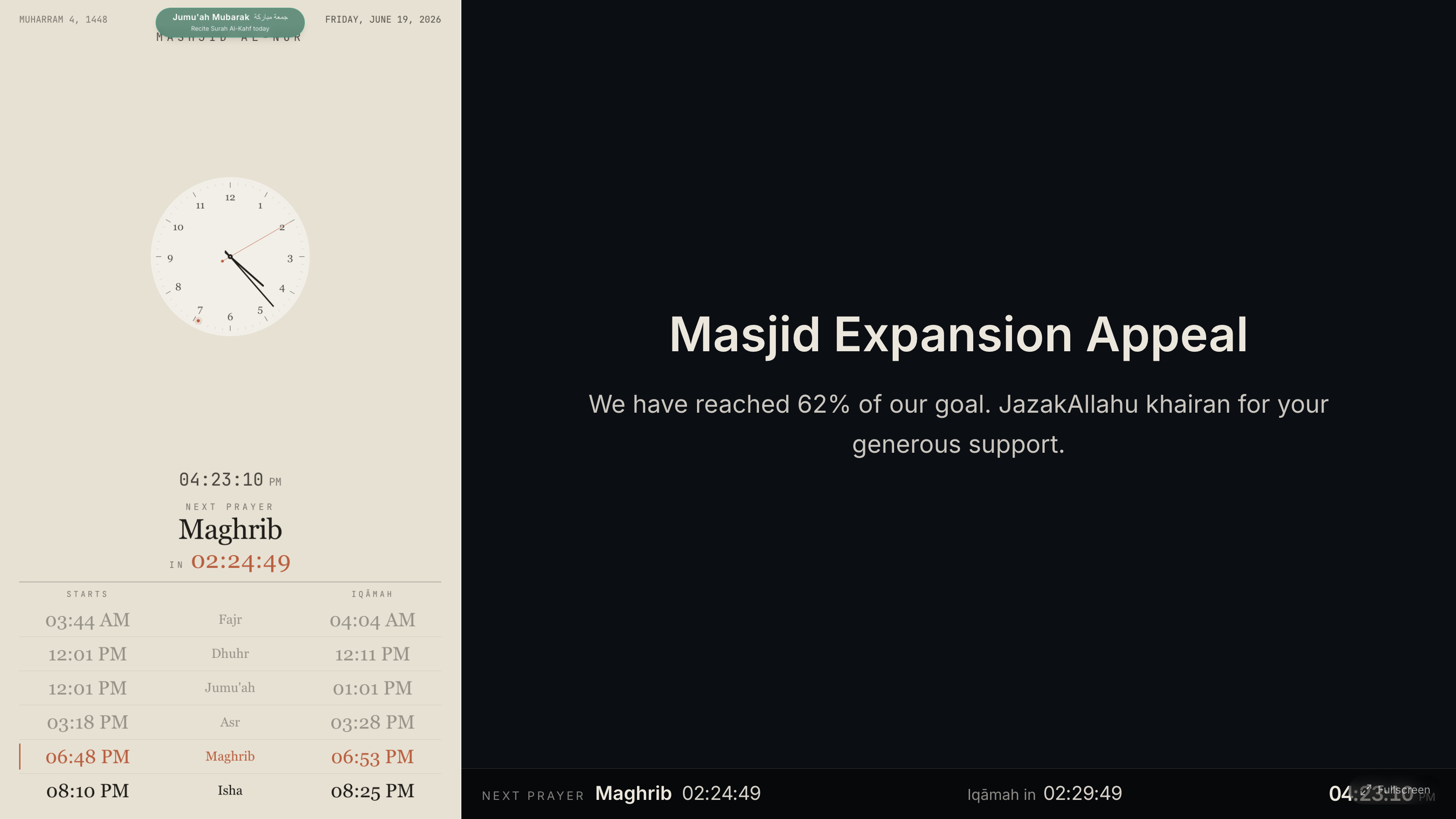 A combined screen showing prayer times alongside a content slide