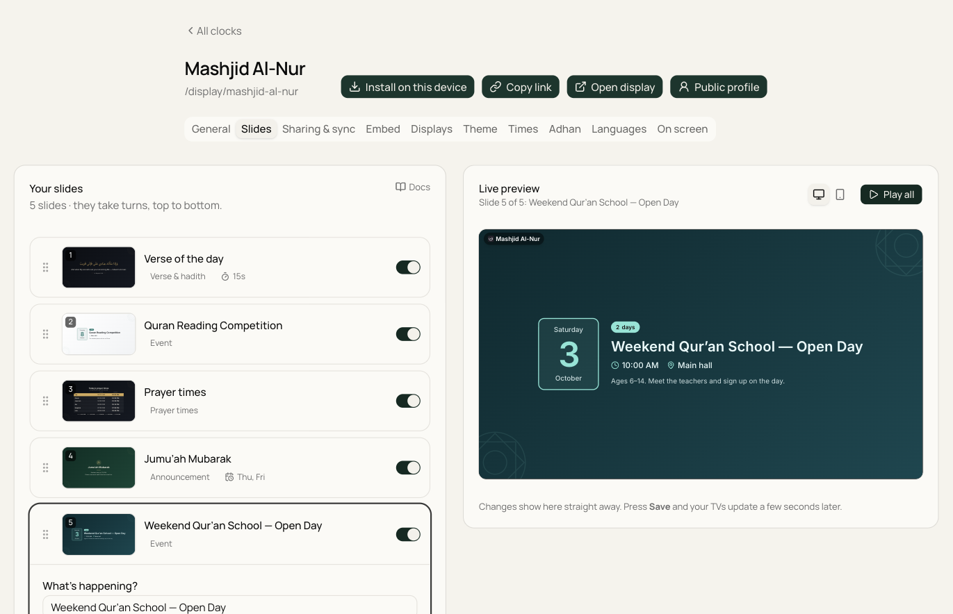 The slide editor with a list of slides on the left and a live preview on the right