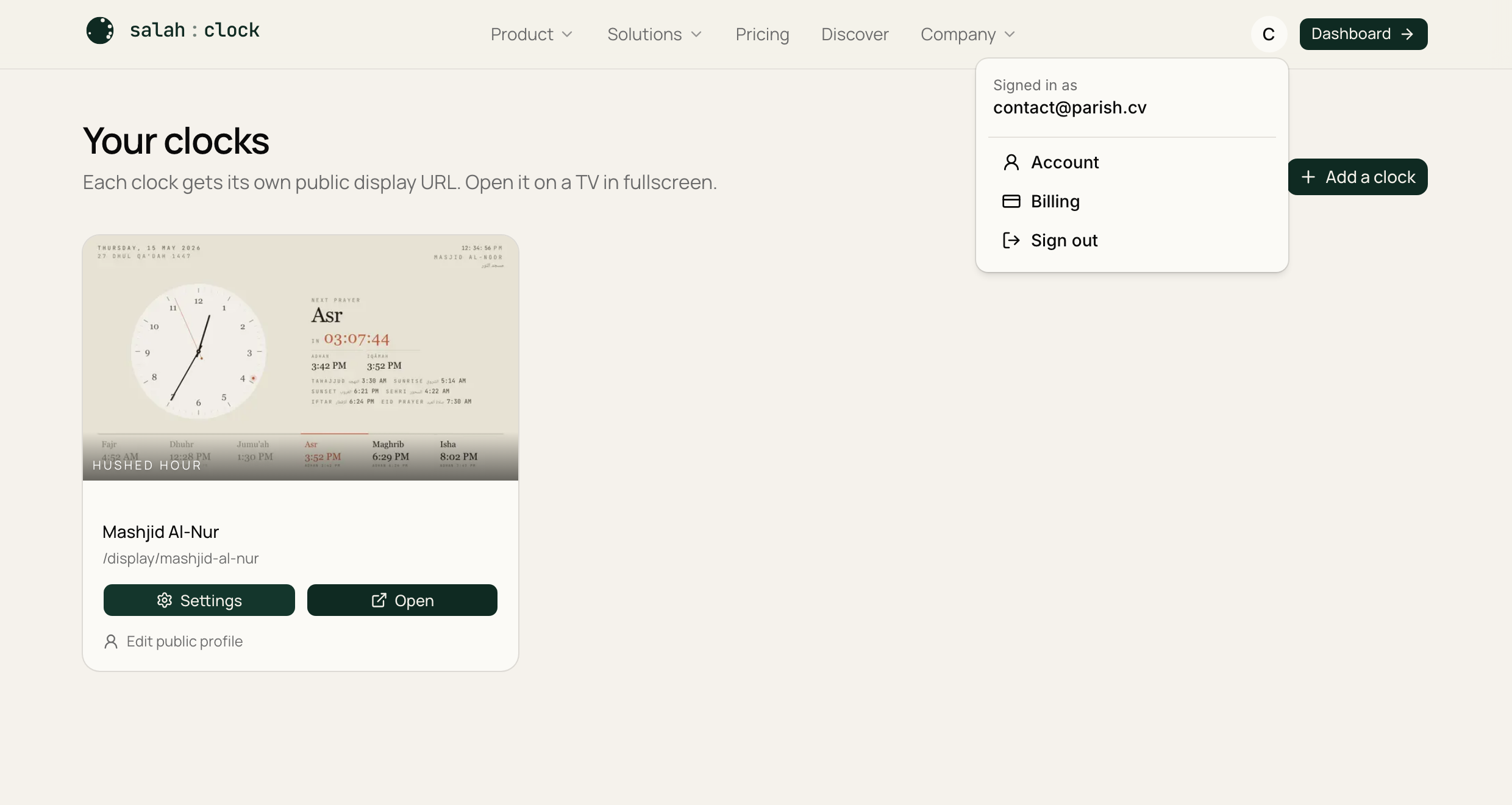 The account menu open in the dashboard header