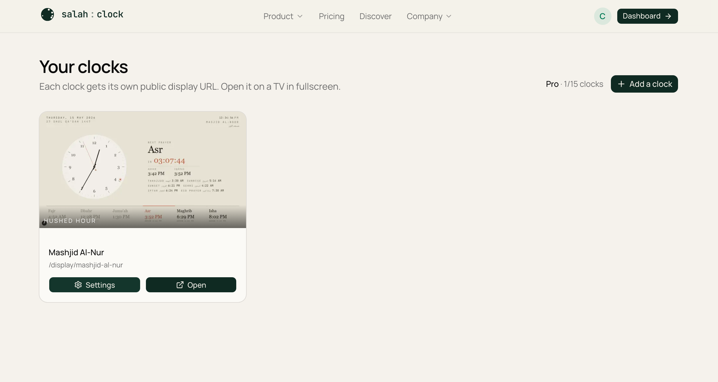 The SalahClock dashboard showing a grid of clock cards with theme previews
