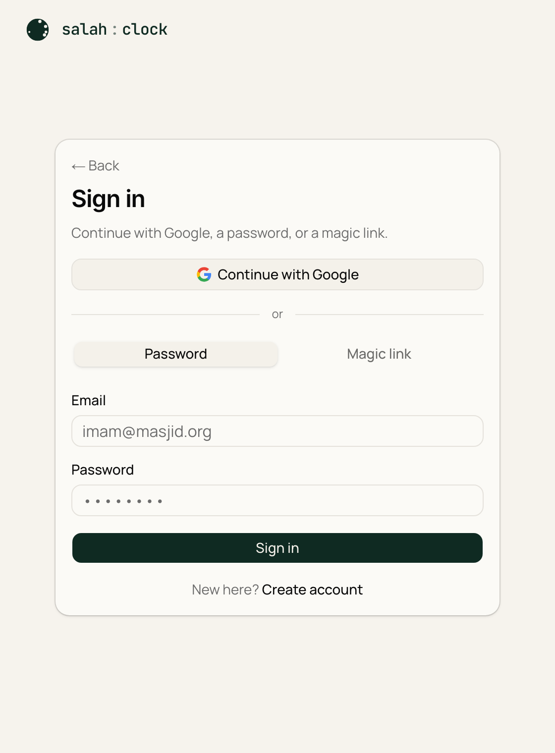 The SalahClock sign-in page showing Google, email/password, and magic-link options