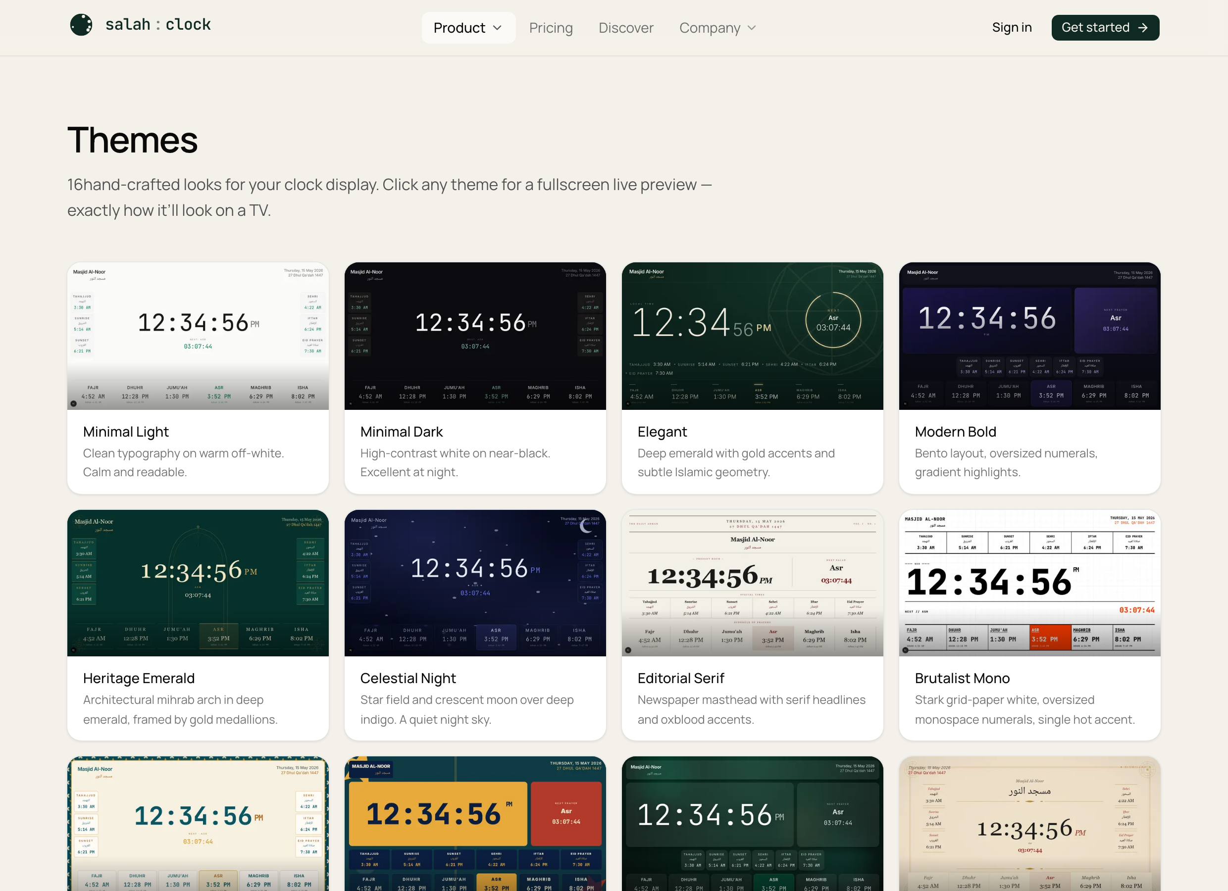 The theme gallery showing a grid of clock designs